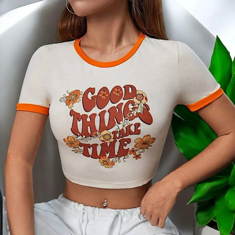 “Good Things Take Time” Slogan Contrast Graphic Cropped Tee - Picture 5 of 16